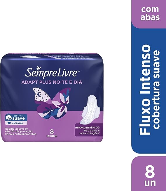 Absorvente Sempre NOITE e DIA Livre Adapt Plus Cobertura Suave com Abas com 8 Unidades