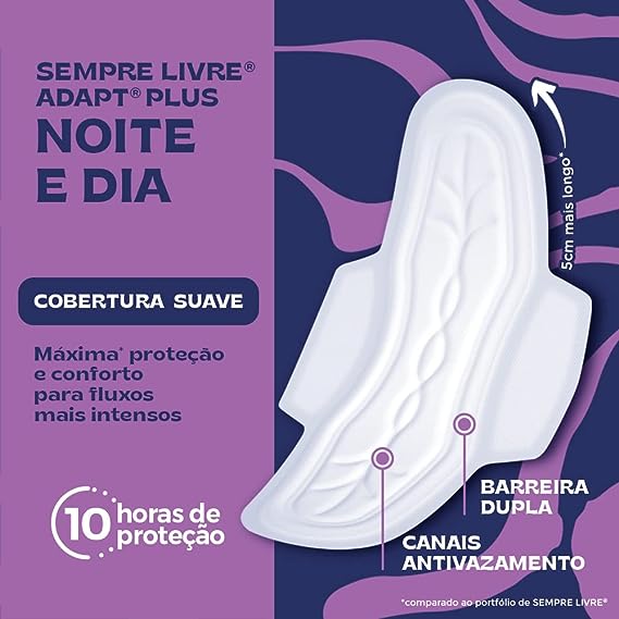 Absorvente Sempre NOITE e DIA Livre Adapt Plus Cobertura Suave com Abas com 8 Unidades