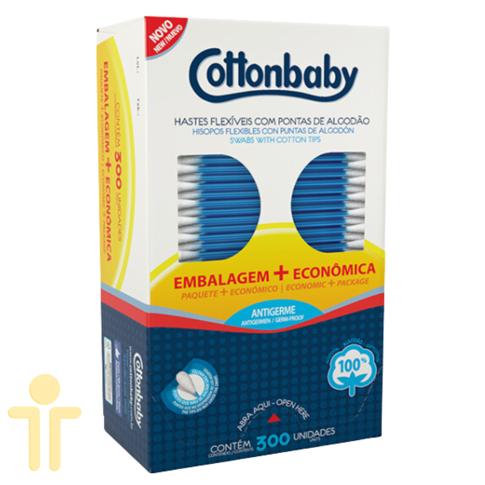 Haste Flexível com Pontas de Algodão Cartucho - 300 unidades - Cottonbaby