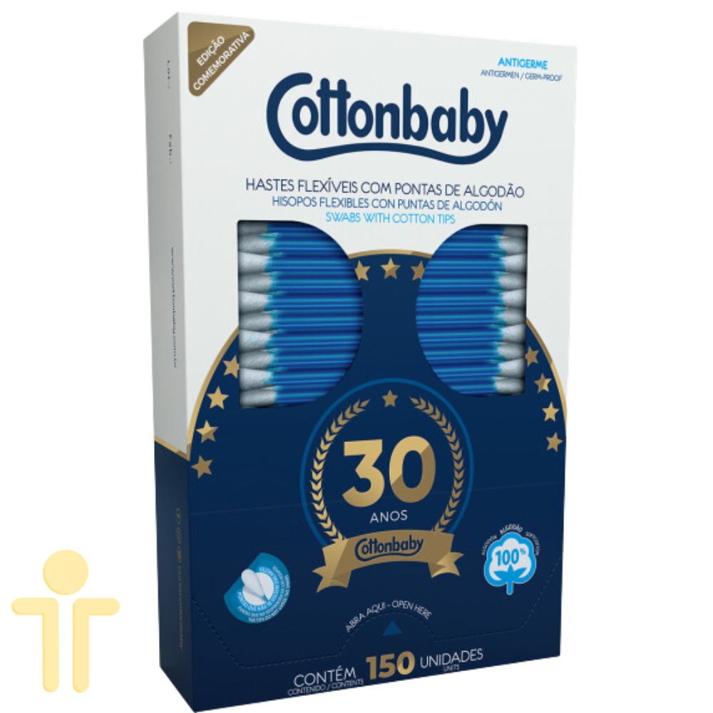 Haste Flexível com Pontas de Algodão Cartucho 30 Anos 150 unidades - Cottonbaby