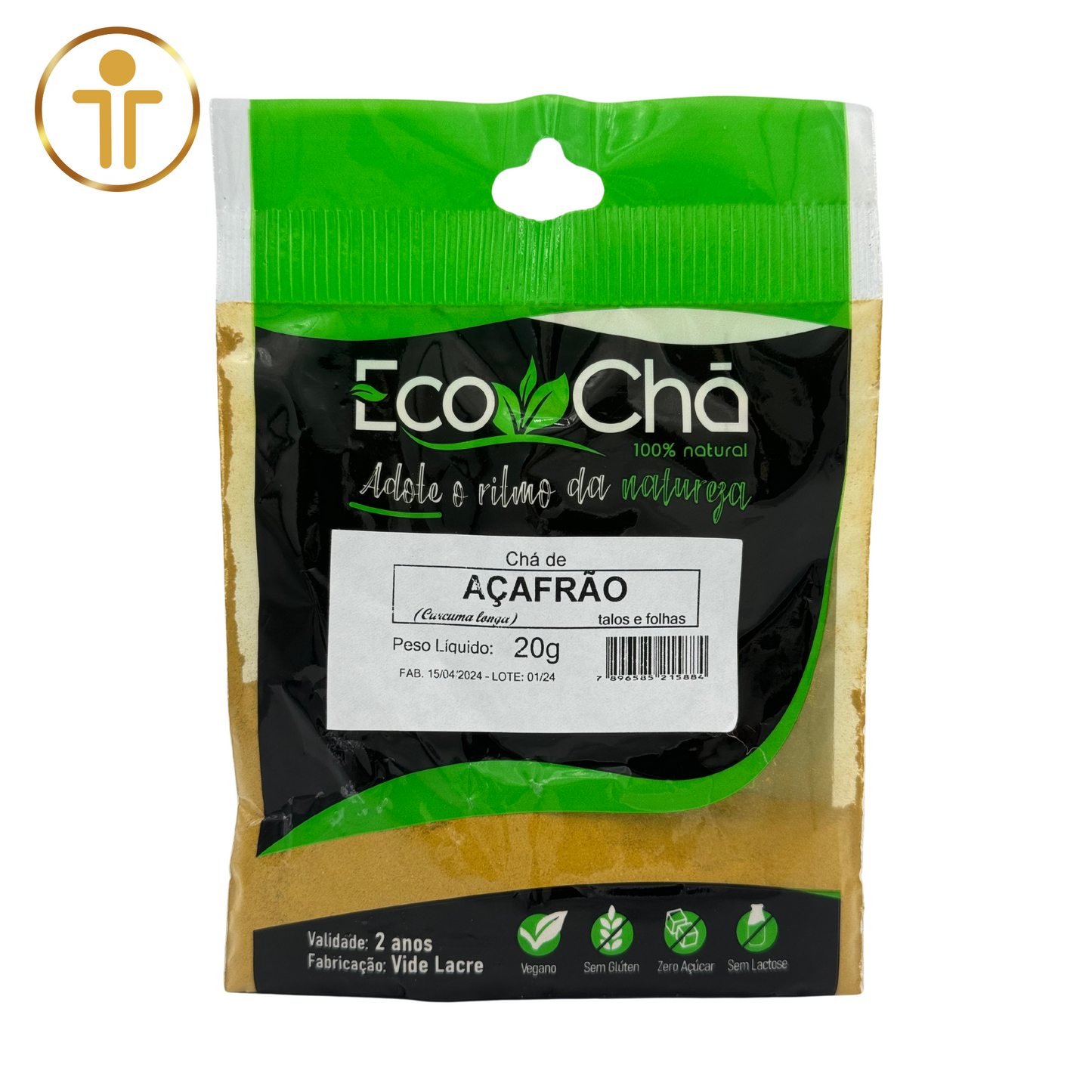 Embalagem frontal do Chá de Açafrão - Curcuma longa L. da Eco Chá. Mostra a marca, nome do chá, peso (20g) e informações principais do produto.