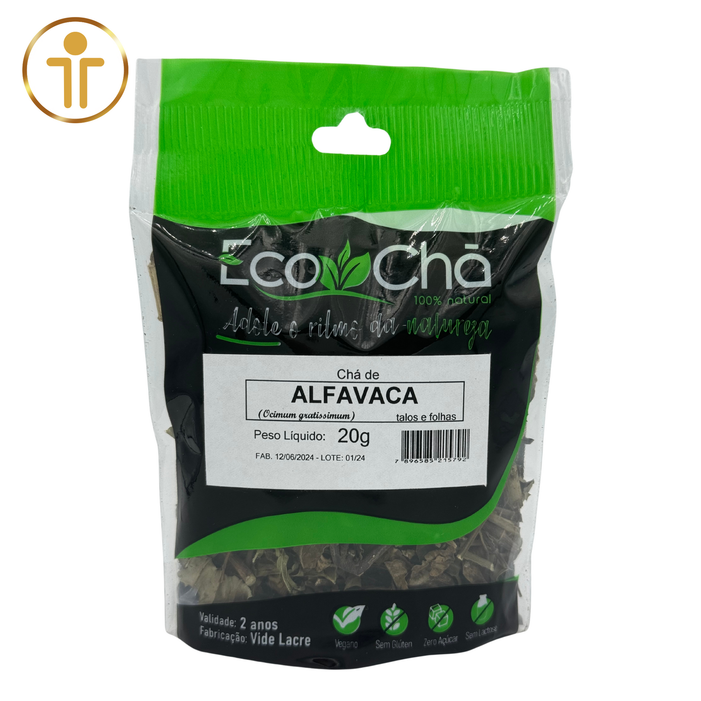 Chá de Alfavaca - 20g embalagem frontal - Eco Chá, erva seca para preparação de chá.