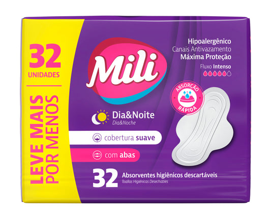 Absorvente MILI Dia&Noite Com Abas Cobertura Suave com 32 unidades