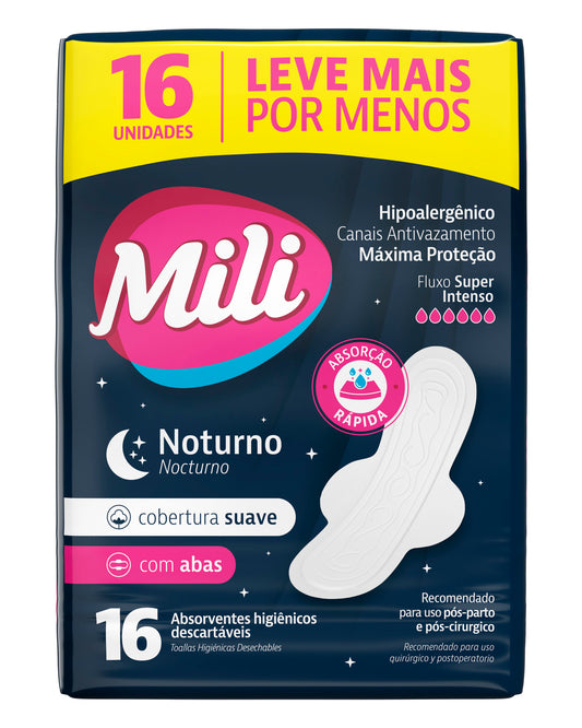 Absorvente MILI Noturno Com Abas Cobertura Suave com 16 unidades