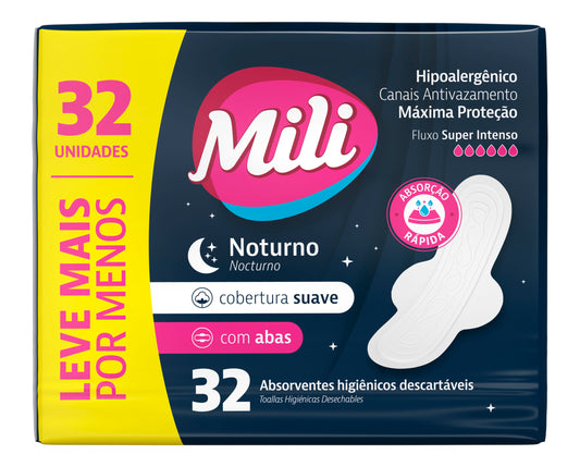 Absorvente MILI Noturno Com Abas Cobertura Suave com 32 unidades