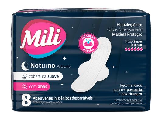 Absorvente MILI Noturno Com Abas Cobertura Suave com 8 unidades