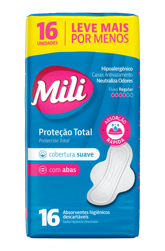 Absorvente MILI Proteção TOTAL Cem Abas Cobertura Suave com 16 unidades