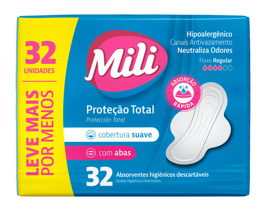 Absorvente MILI Proteção TOTAL Com Abas Cobertura Suave com 32 unidades