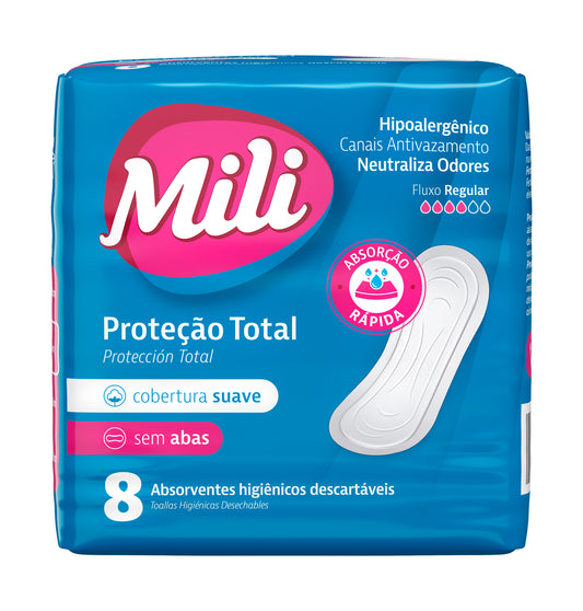 Absorvente MILI Proteção TOTAL Sem Abas Cobertura Suave com 8 unidades