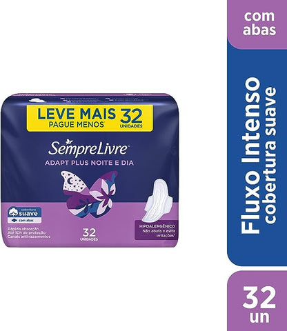 Absorvente Sempre NOITE e DIA Livre Adapt Plus Cobertura Suave com Abas com 32 Unidades